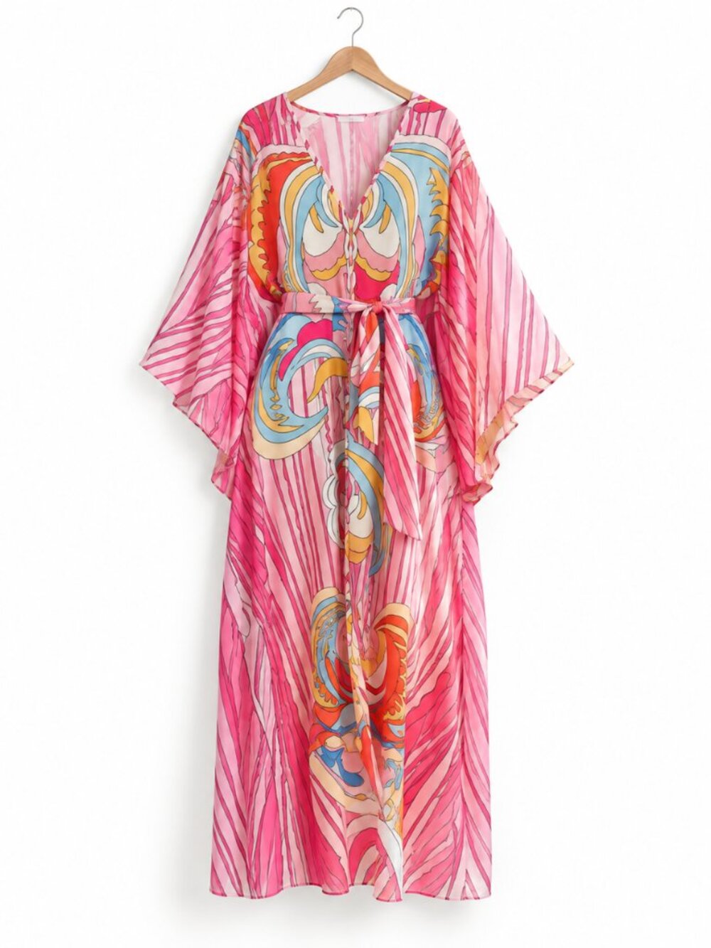Pink Abstract Kaftan Maxi Dress Belted Resort Beach Cover Up One Size Fits All